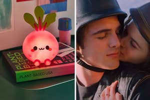 Two images: Left, a cute character toy on a book. Right, a couple about to kiss, wearing hats