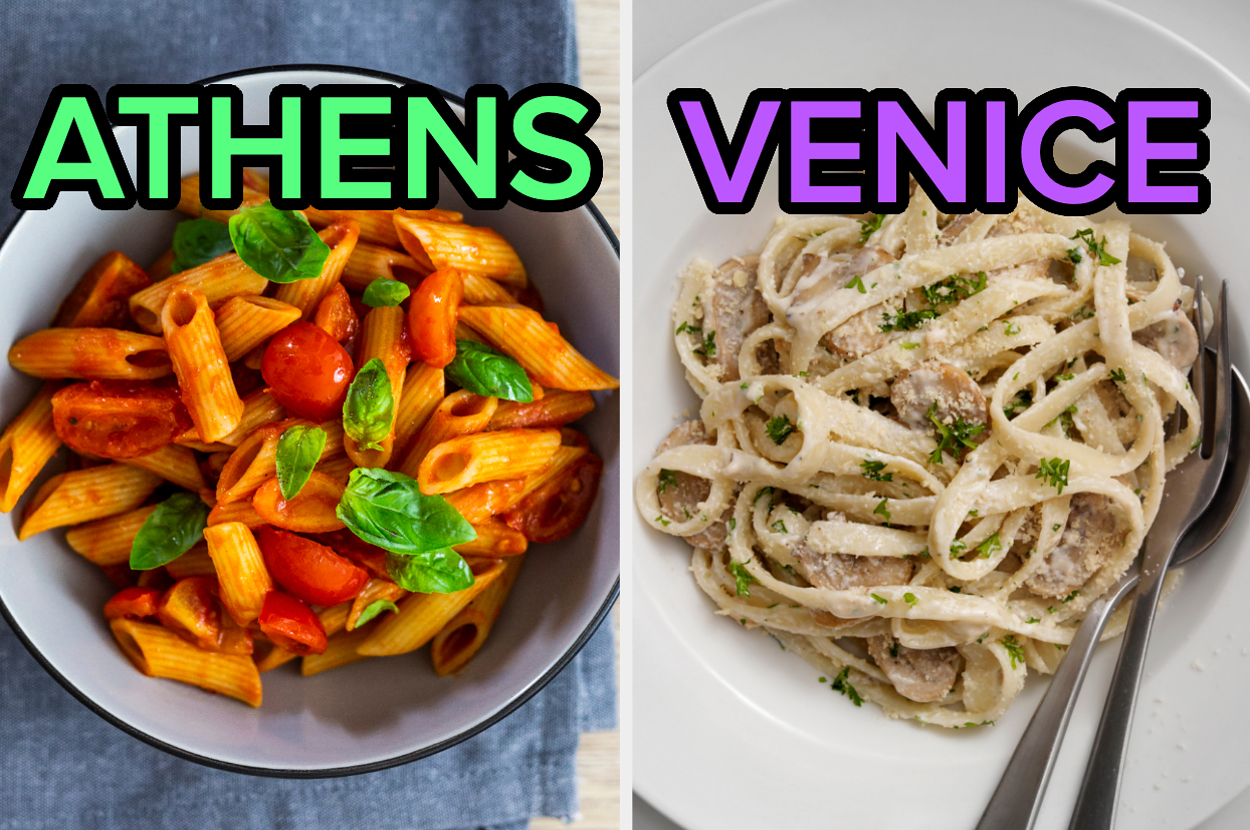 On the left, penne with marinara sauce labeled Athens, and on the right, fettuccine Alfredo labeled Venice