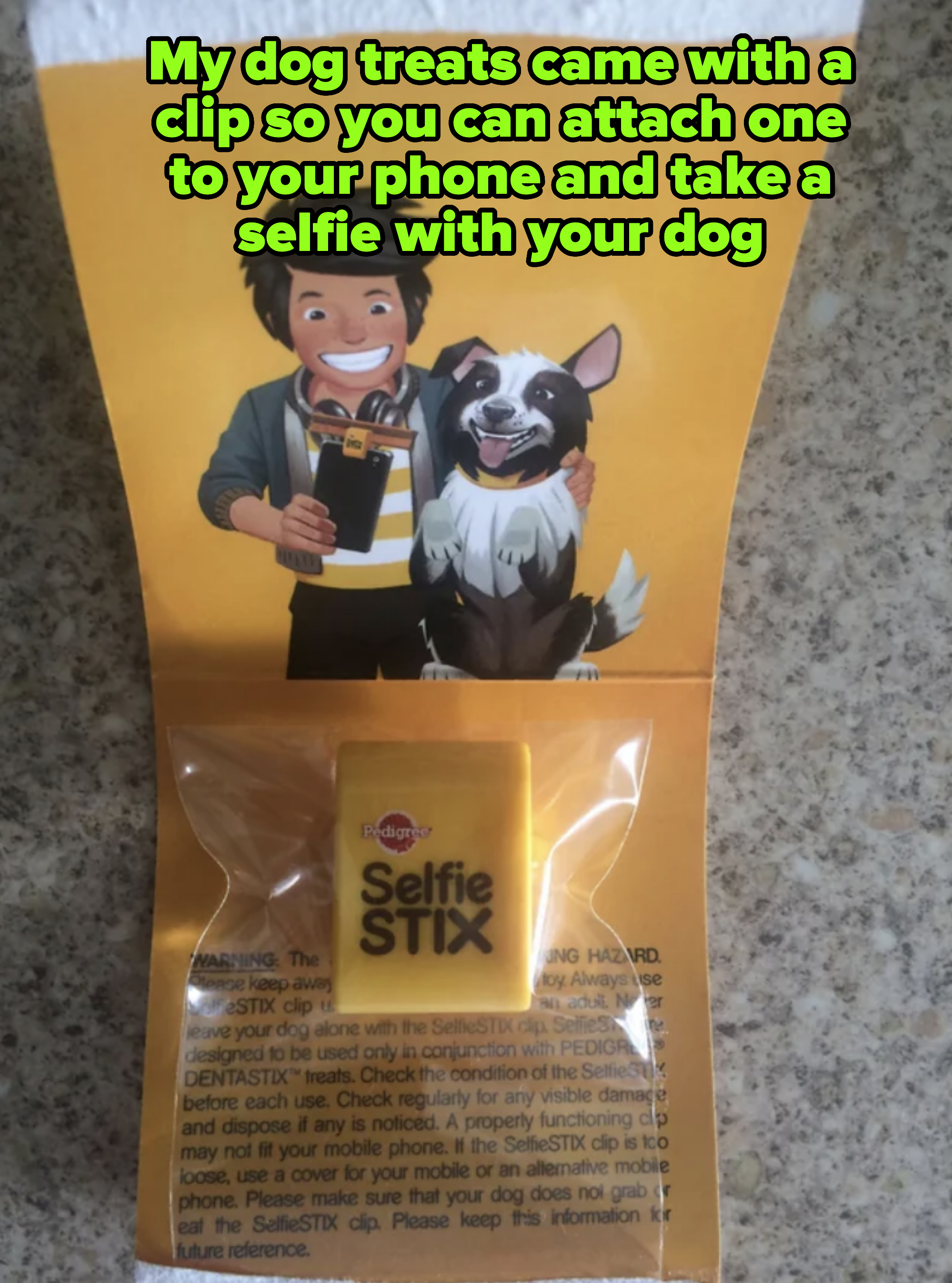 Animated characters, boy with clipboard and dog with stick, on a Selfie STIX pack. Text too extensive to summarize