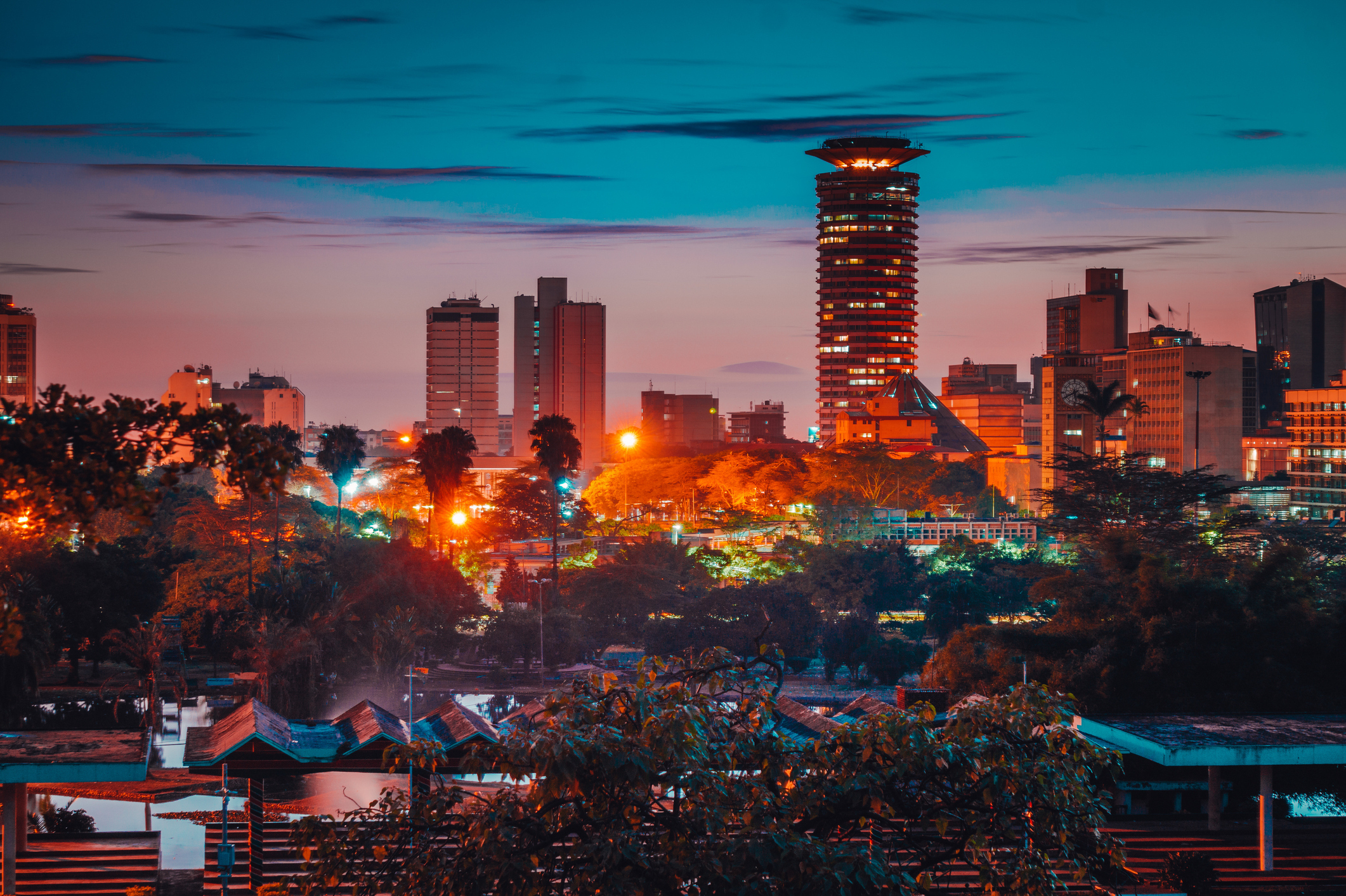 City skyline during twilight with illuminated buildings