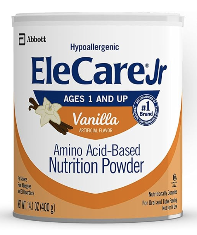 Container of EleCare Jr Vanilla flavored amino acid-based nutrition powder for ages 1 and up.
