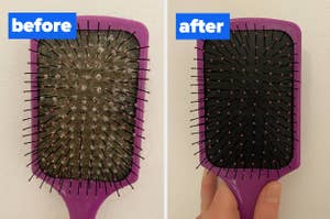 a before and after for a hairbrush cleaning tool