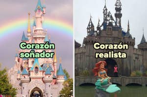 Dos castillos de cuento de hadas, uno idealizado con arcoíris, otro más sombrío con estatuas de Disney