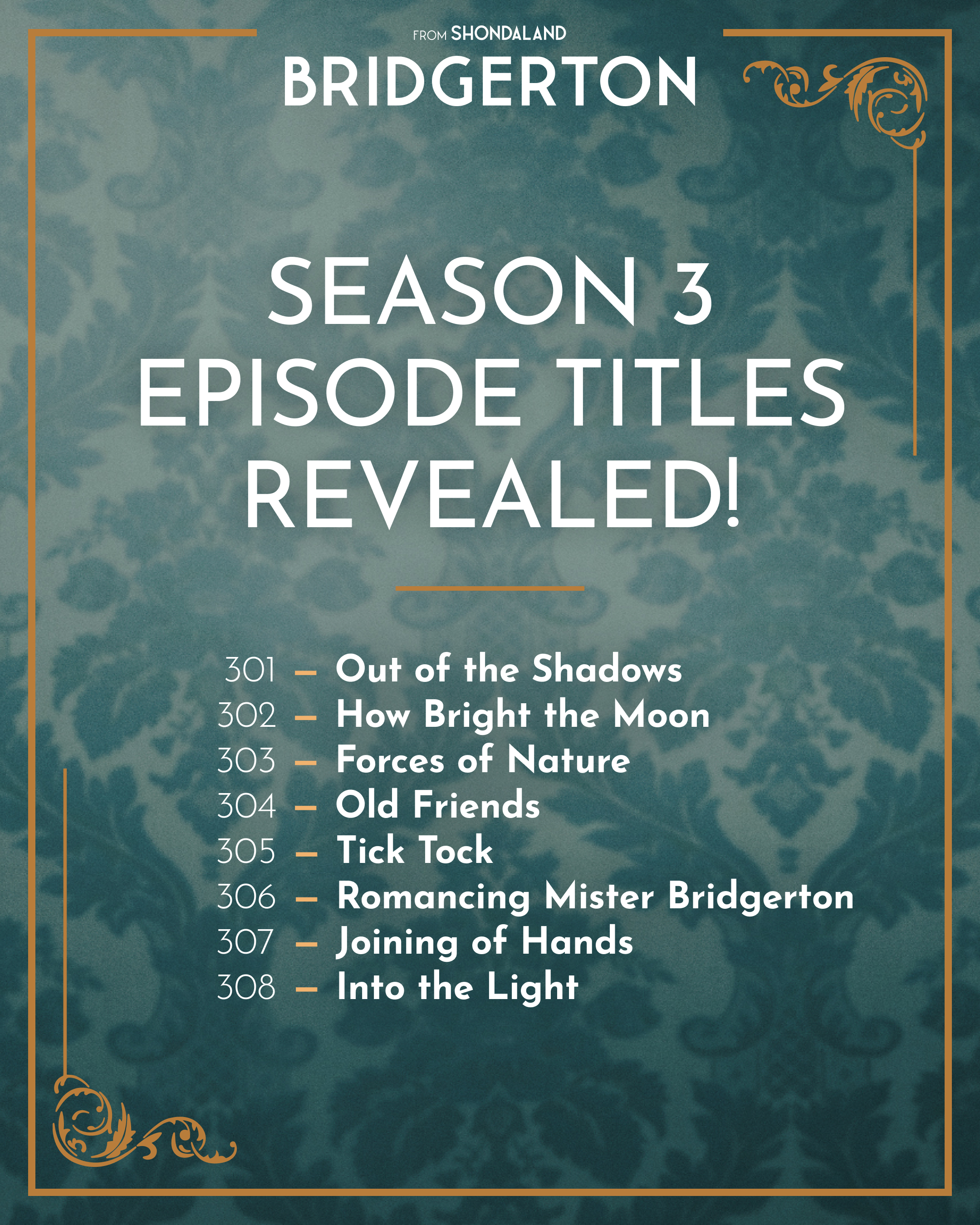 Season 3 episode titles for Bridgerton revealed, listing eight episodes with thematic names