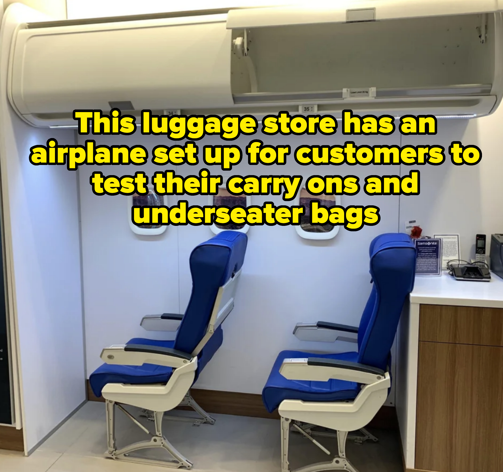 Airline cabin mockup with seats and overhead compartments for customer service training