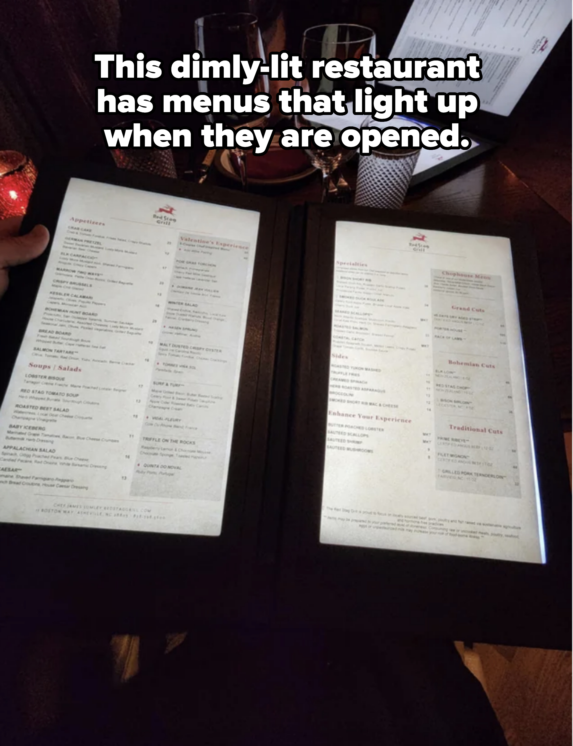 A photo of an open menu in a dimly lit restaurant, with text too small to read details
