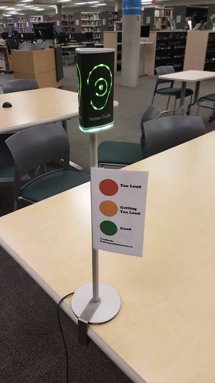 Noise level indicator with green light on top and explanatory sign with "Too Loud," "Getting Loud," and "Good" levels