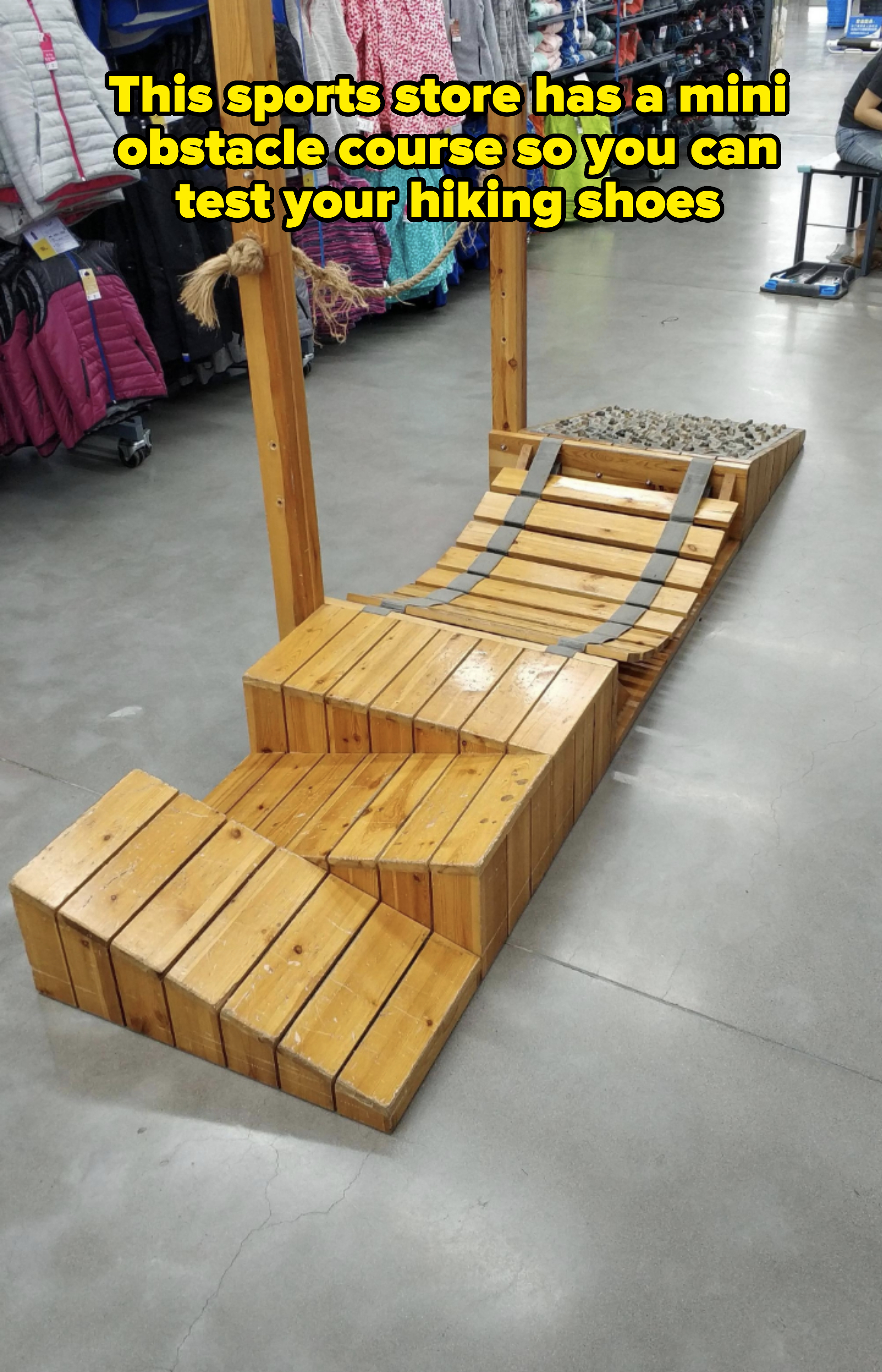 Wooden pallet steps inside a store creating an impromptu display or testing area