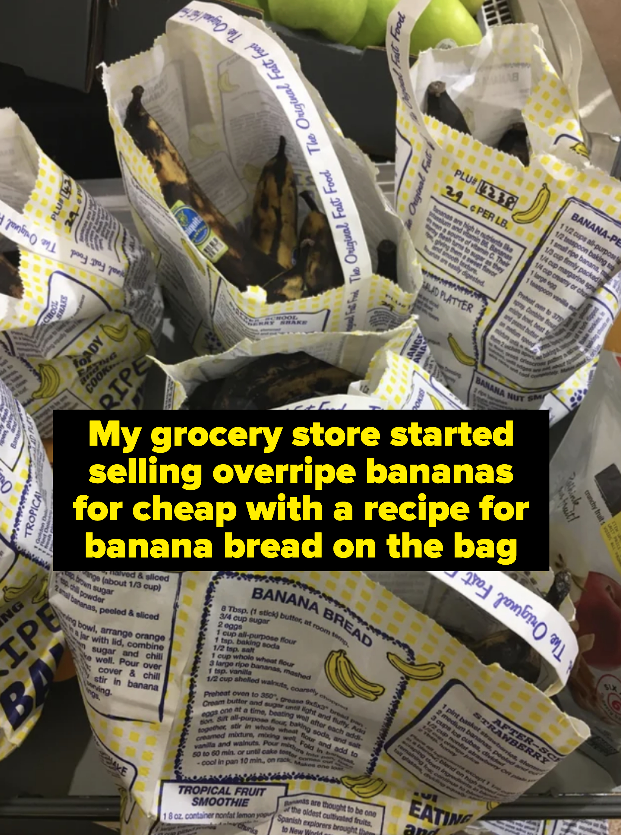 Bananas packaged in bags labeled &quot;Ripe for Banana Bread&quot; in a shopping cart, internet humor shown