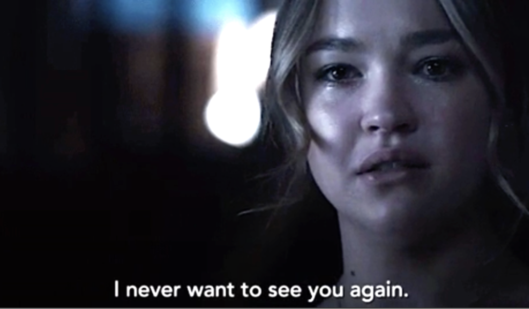 Close-up of a distraught character, possibly from a TV show, with a subtitle text expressing a desire to never see someone again