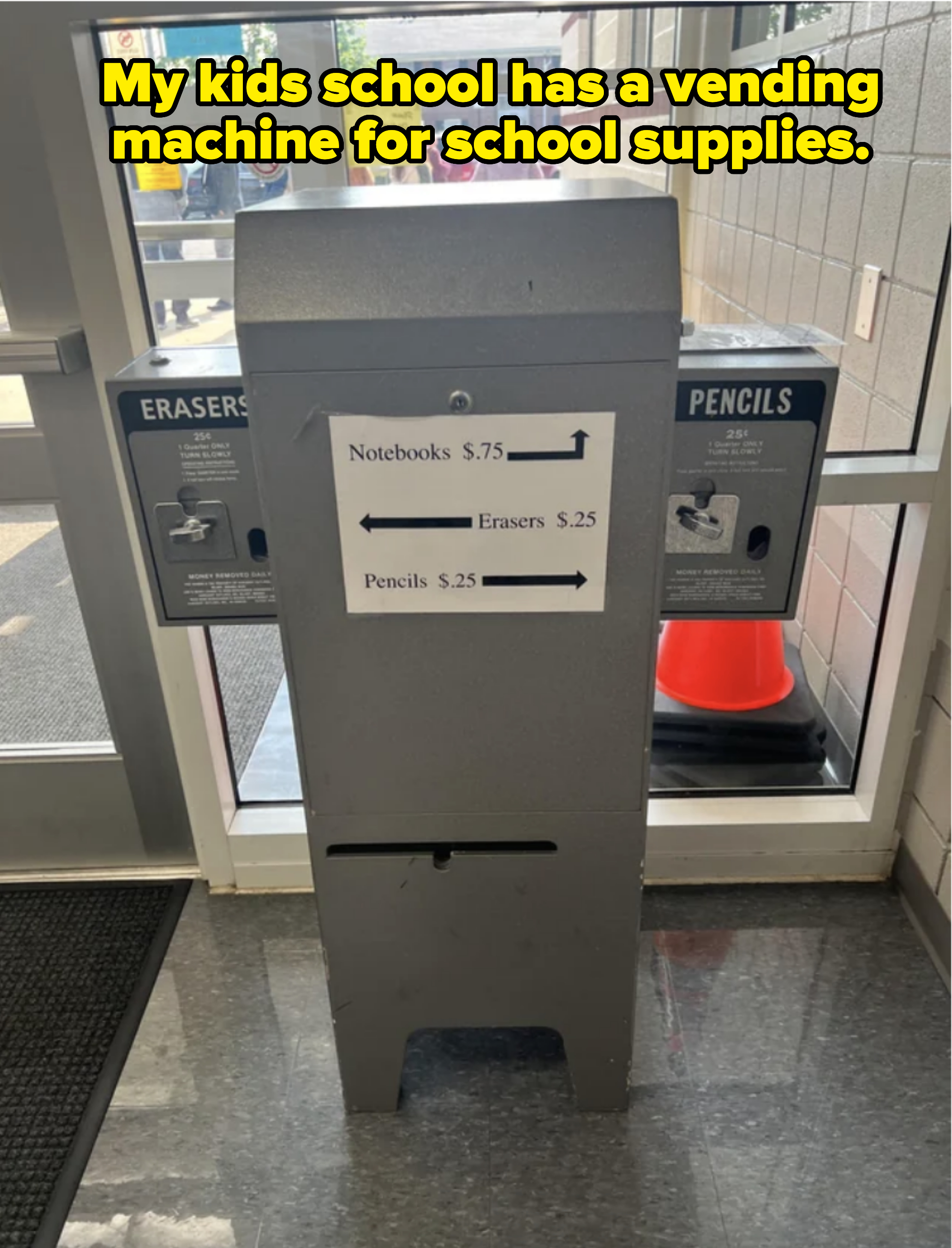 Vending machine selling notebooks for $0.75 and pencils for $0.25 in a school hallway