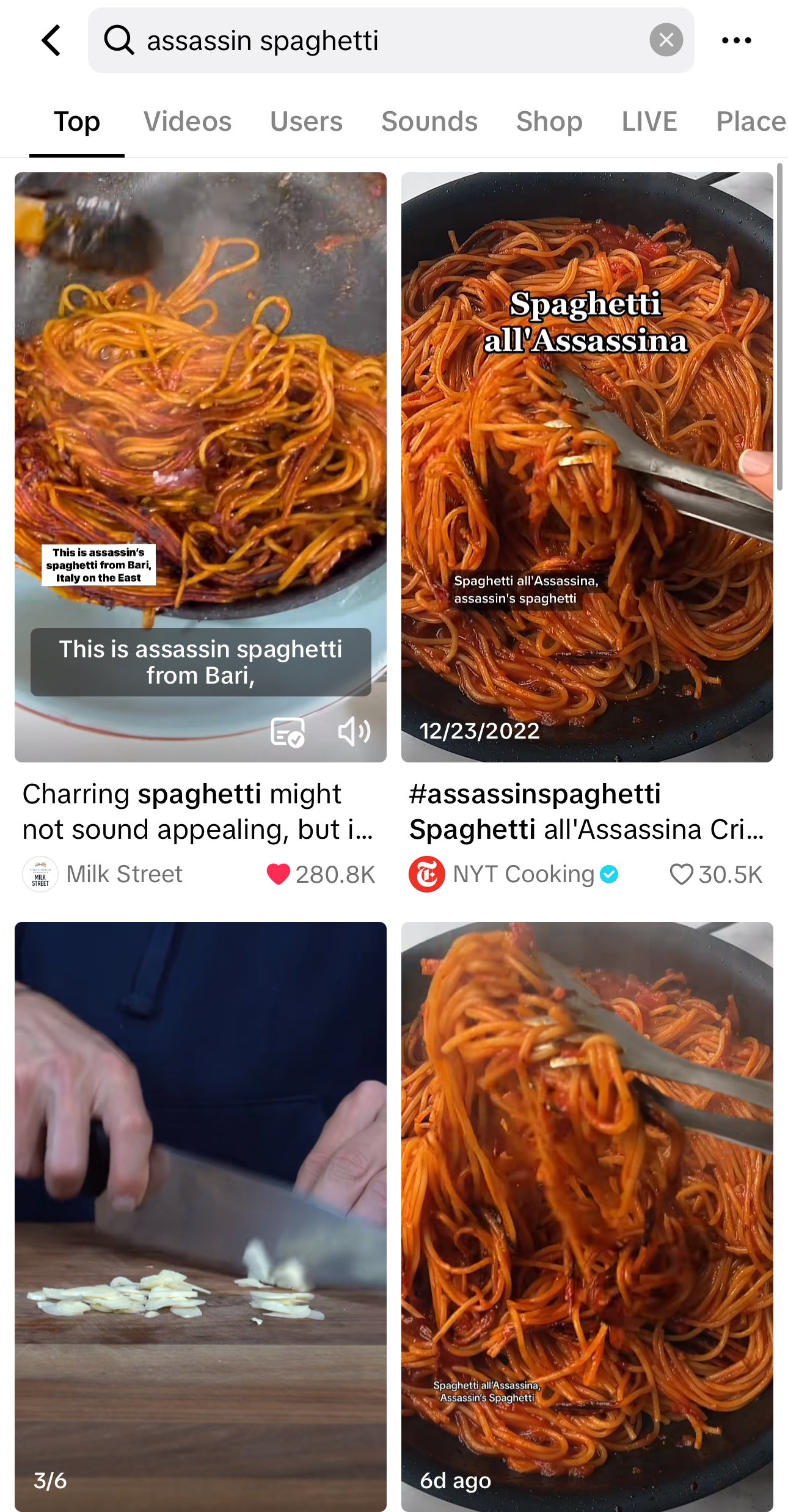Search results for &#x27;assassin spaghetti&#x27; showing various images and videos of spaghetti dishes, with textual overlays and user interactions
