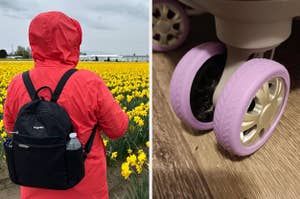Person in raincoat with anti theft backpack facing tulip field; close-up of suitcase wheel covers