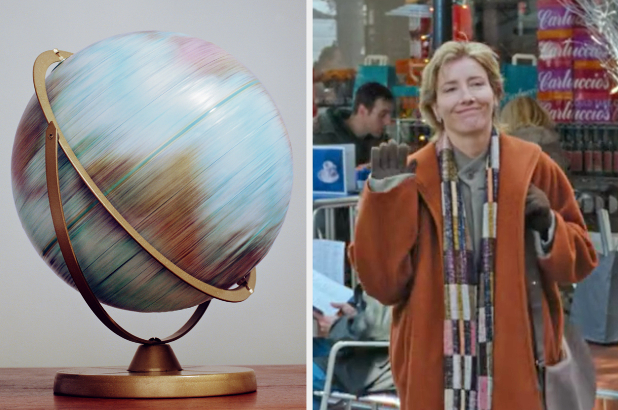 On the left, a spinning globe, and on the right, Emma Thompson waving outside as Karen in Love Actually