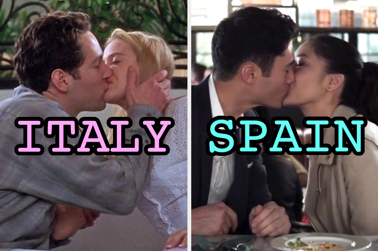 On the left, Josh and Cher from Clueless kissing labeled Italy, and on the right, Nick and Rachel from Crazy Rich Asians kissing labeled Spain