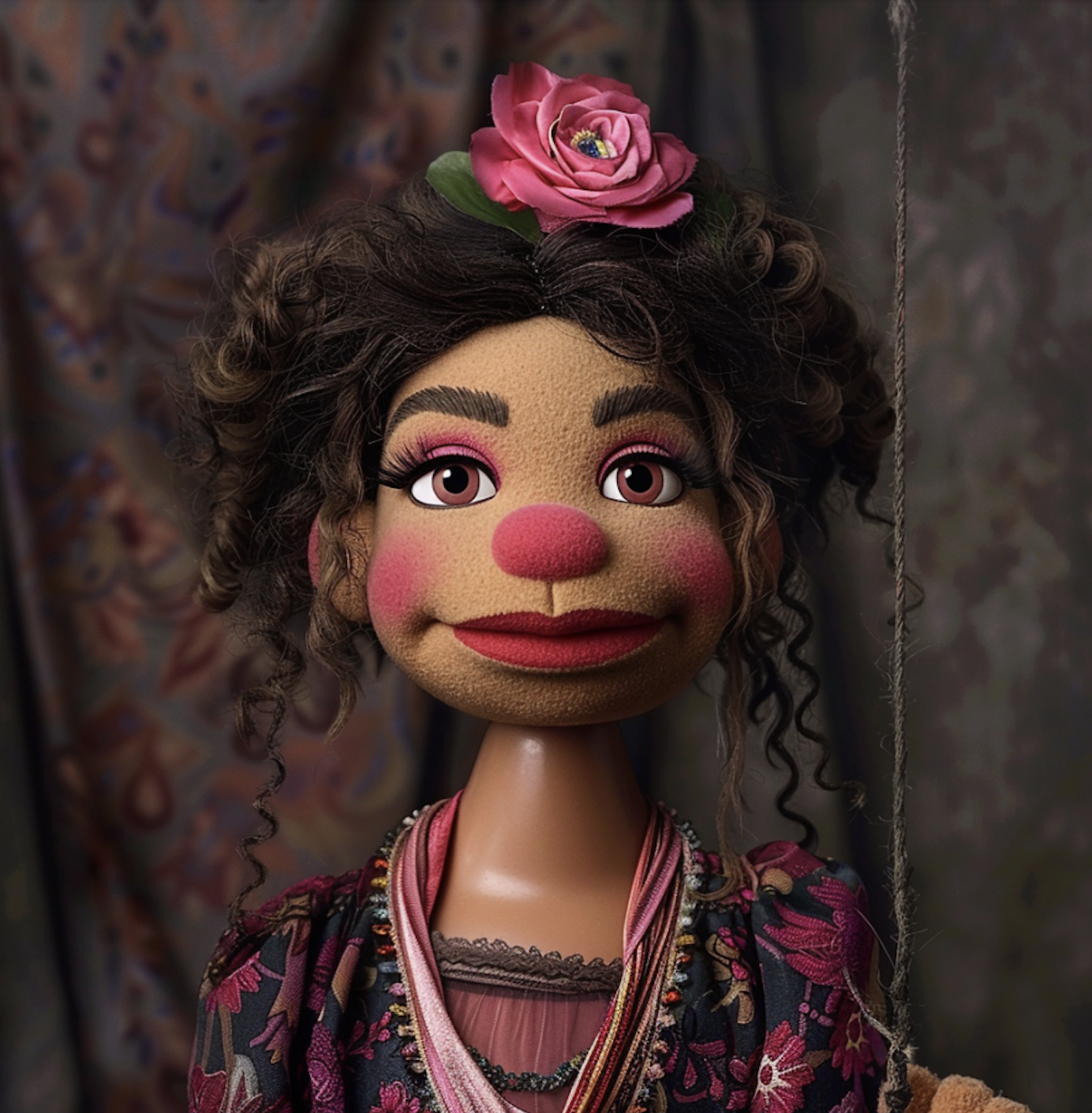 A muppet with curly tendrils, makeup, and a floral adornment, wearing a patterned dress with a lace collar