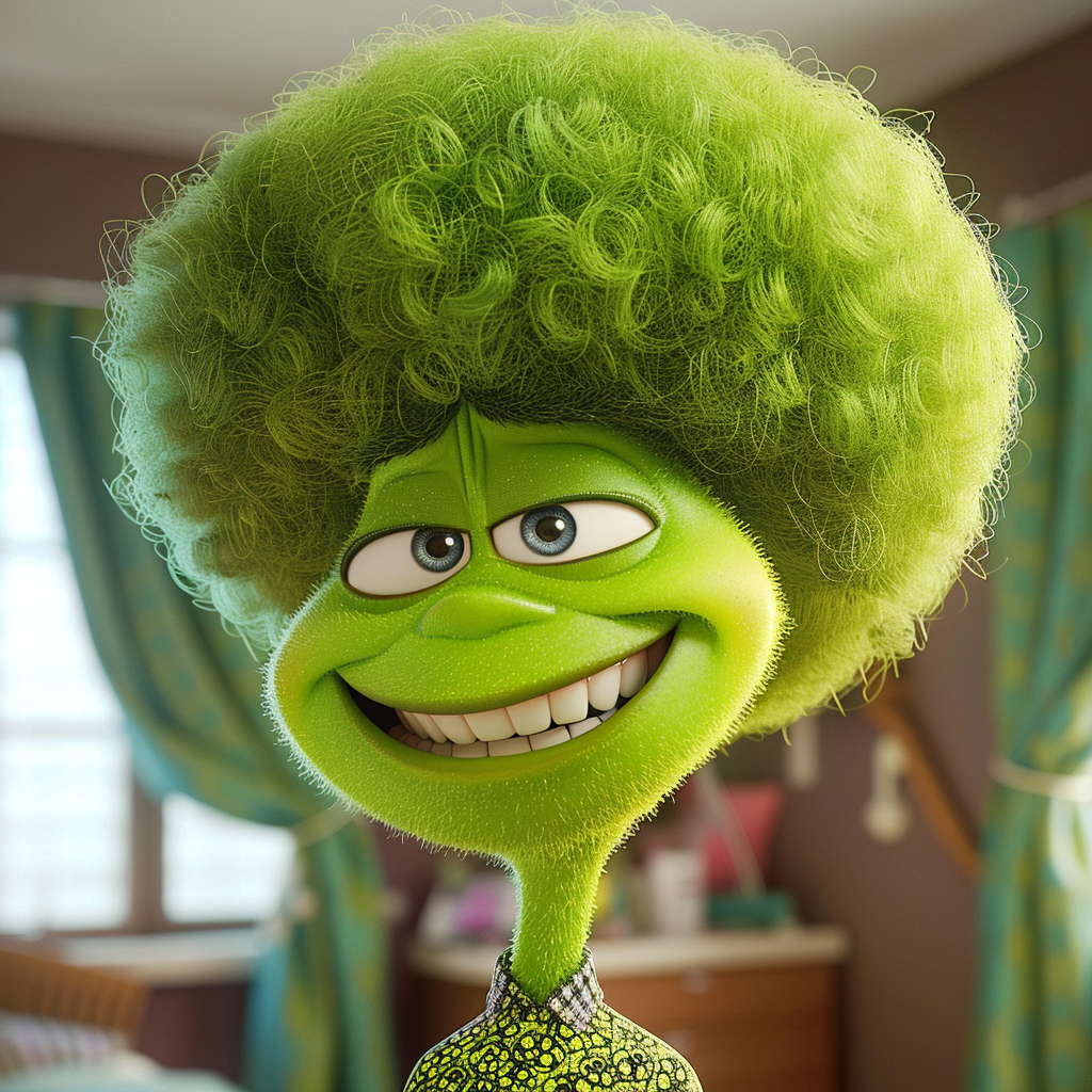 Animated character Disgust from &#x27;Inside Out&#x27; with a large green hairstyle, expressing a sly grin