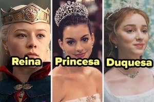 Tres mujeres de la realeza ficticia con títulos "Reina", "Princesa", "Duquesa"
