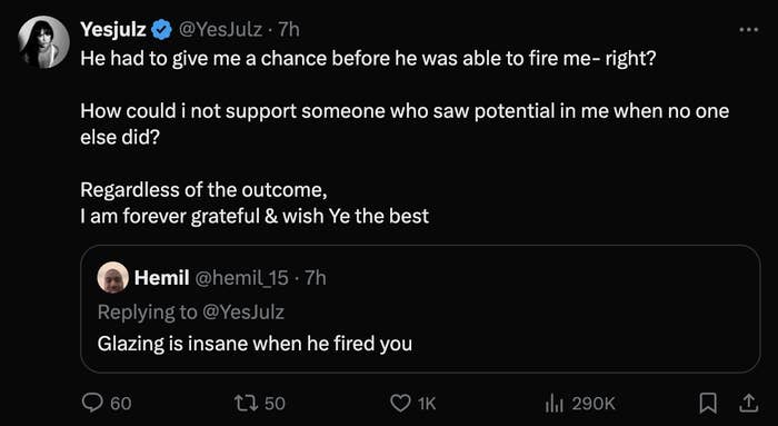 Two Twitter posts: User YesJulz reflects on support from Ye and wishes him well; User Hemil responds with a single word, &quot;Glazing.&quot;
