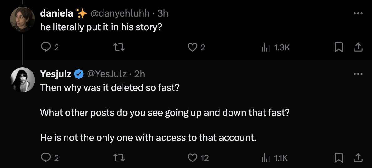 Screen capture of two Tweets discussing access to an account with a story post