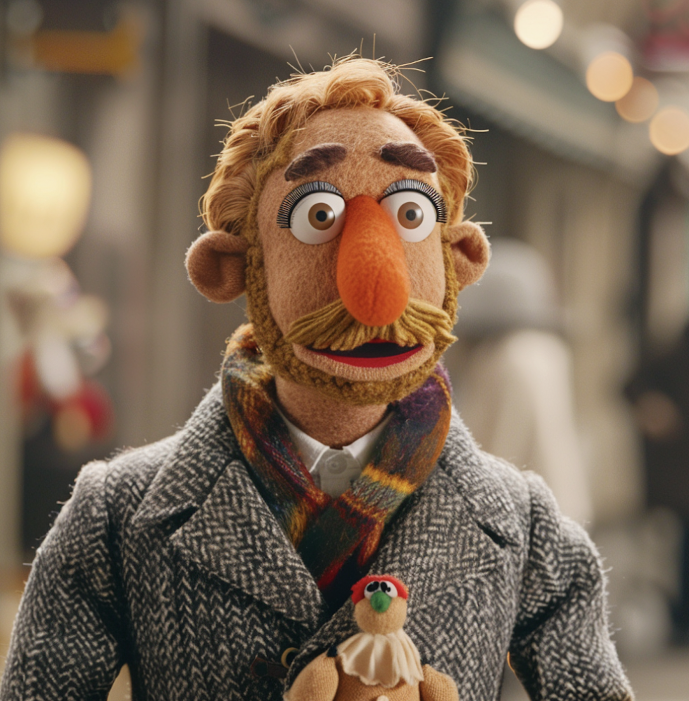 Muppet character Gosling with orangey hair in a gray jacket and holding a doll