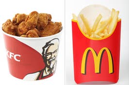 Bucket of KFC chicken next to McDonald's fries, both in their iconic branded packaging