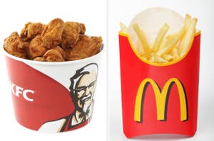 Bucket of KFC chicken next to McDonald's fries, both in their iconic branded packaging