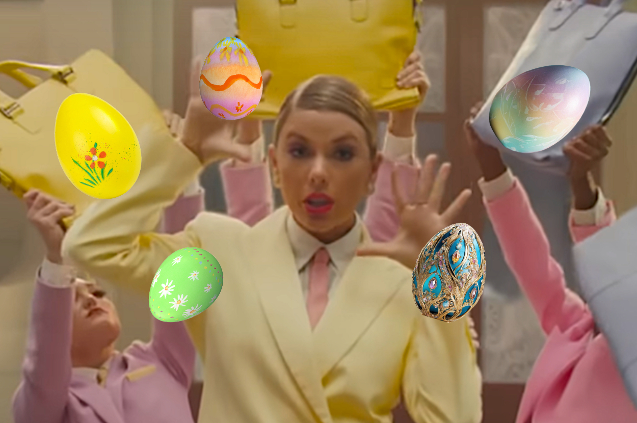 Taylor Swift in a yellow suit, surrounded by people in pastel outfits, with Easter eggs around her