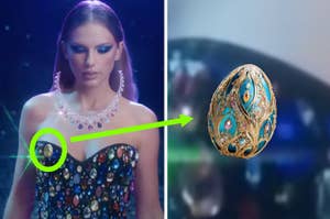 Taylor Swift on the left wearing a gemstone-embellished dress; on the right, a close-up of an intricate egg