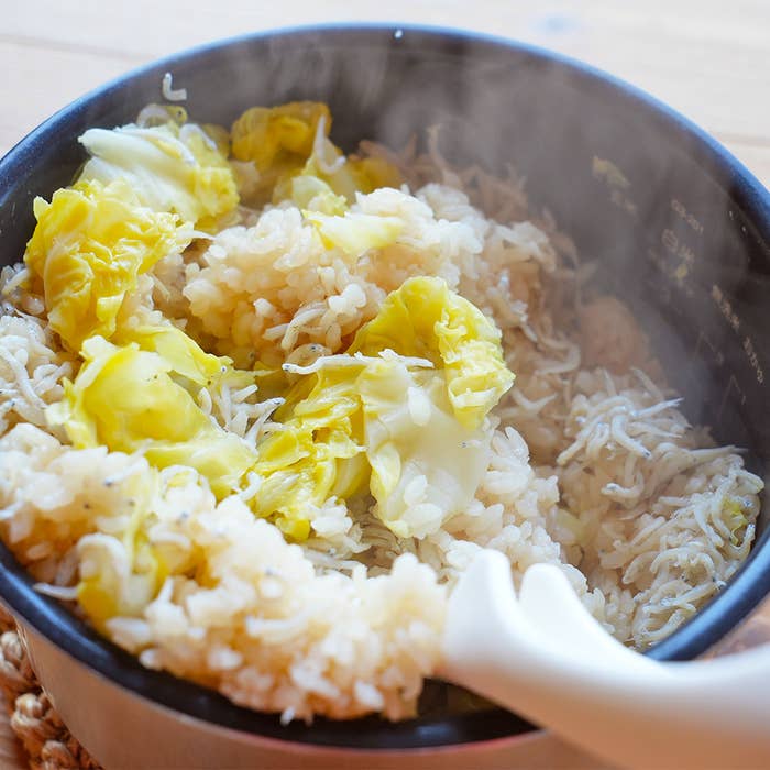 湯気が立つご飯の器にキャベツとしらすがトッピングされています。