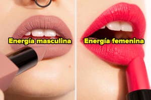Lápiz labial aplicado en labios, izquierda tono nude y derecha rojo, con texto "Energía masculina" y "Energía femenina"