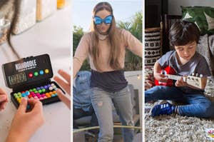 Three collage images: left, a child's hands playing with a colorful abacus; center, a person in sunglasses and casual wear; right, a child playing a guitar