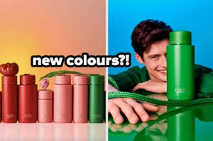 Promotional image featuring new Frank Green reusable bottles with a man holding one. Text reads "new colours?!"
