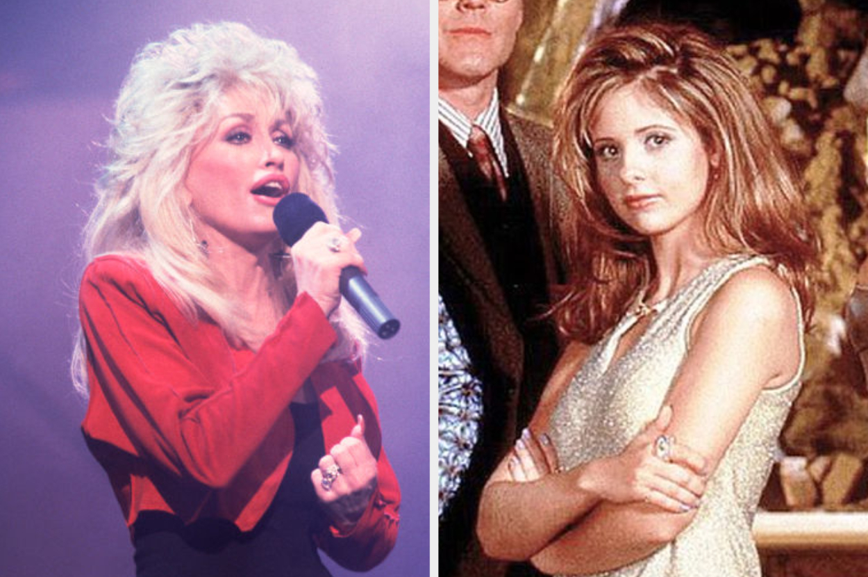 Left: Dolly Parton singing into a microphone. Right: Buffy Summers character from TV show