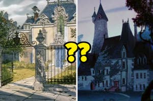 Split image of two animated castles from different scenes in a TV or movie series