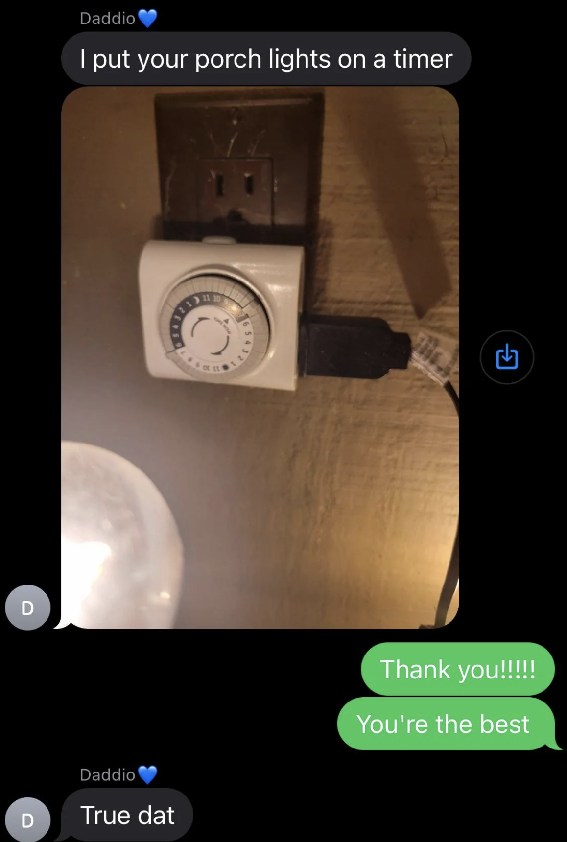 A text message exchange shows a plug-in timer on a wall socket and gratitude for setting porch lights on a timer