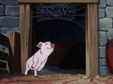 Animated character Wilbur the pig dancing happily in a barn