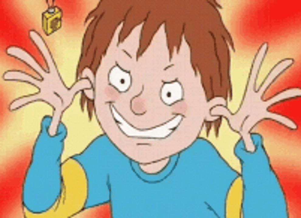 Animated character Horrid Henry grinning mischievously with his hands up