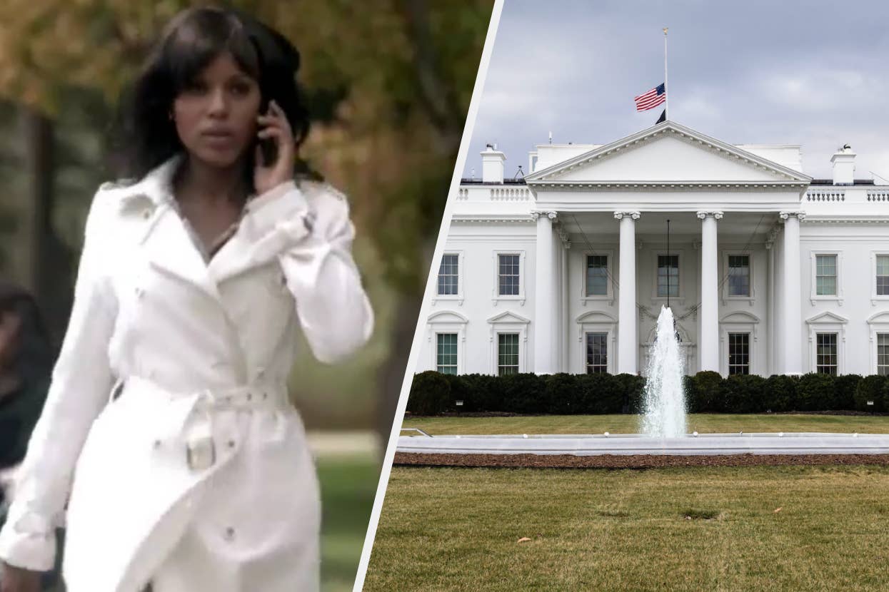 Olivia Pope from Scandal in a white trench coat, talking on a phone, with the White House in the background