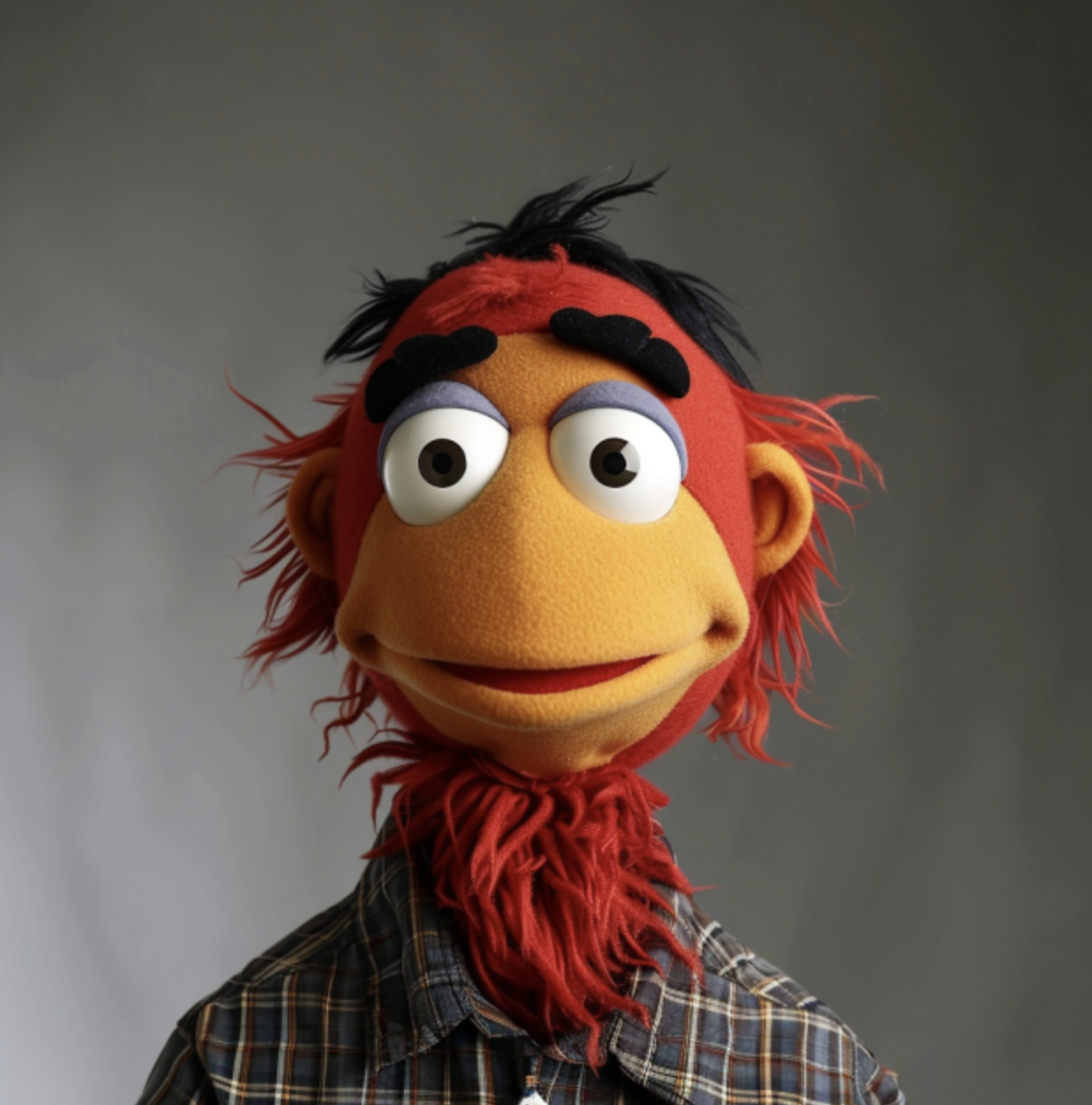 Close-up of a Muppet with red hair and eyebrows, smiling, wearing a checked shirt