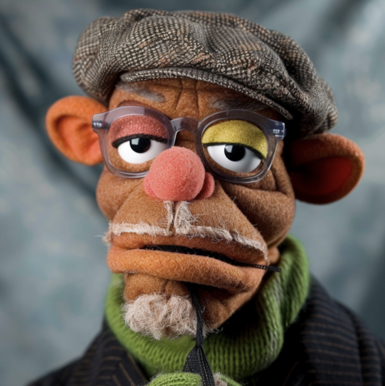Close-up of a Muppet with glasses, a cap, thin white mustache and goatee, and striped scarf looking pensive
