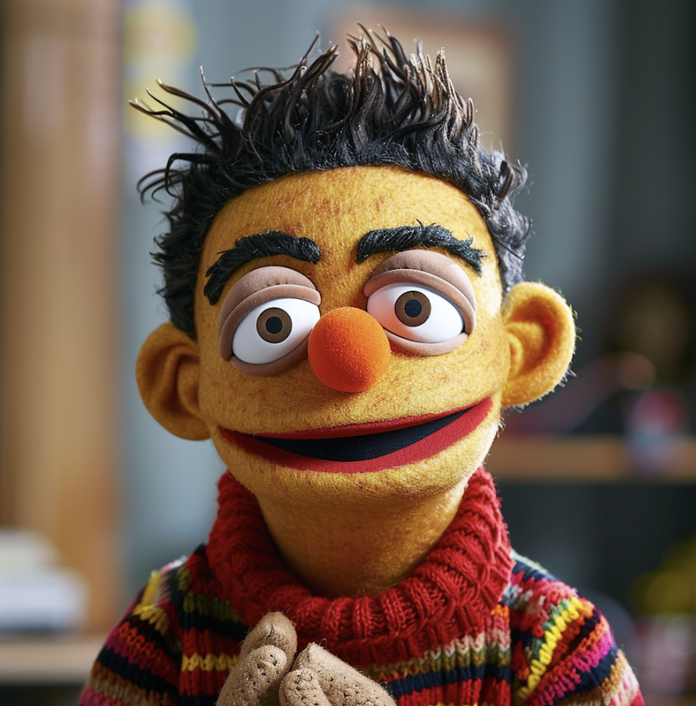Muppet with dark, spiky hair, wearing a striped sweater and large eyes close together and turned down, looking forward with a slight smile