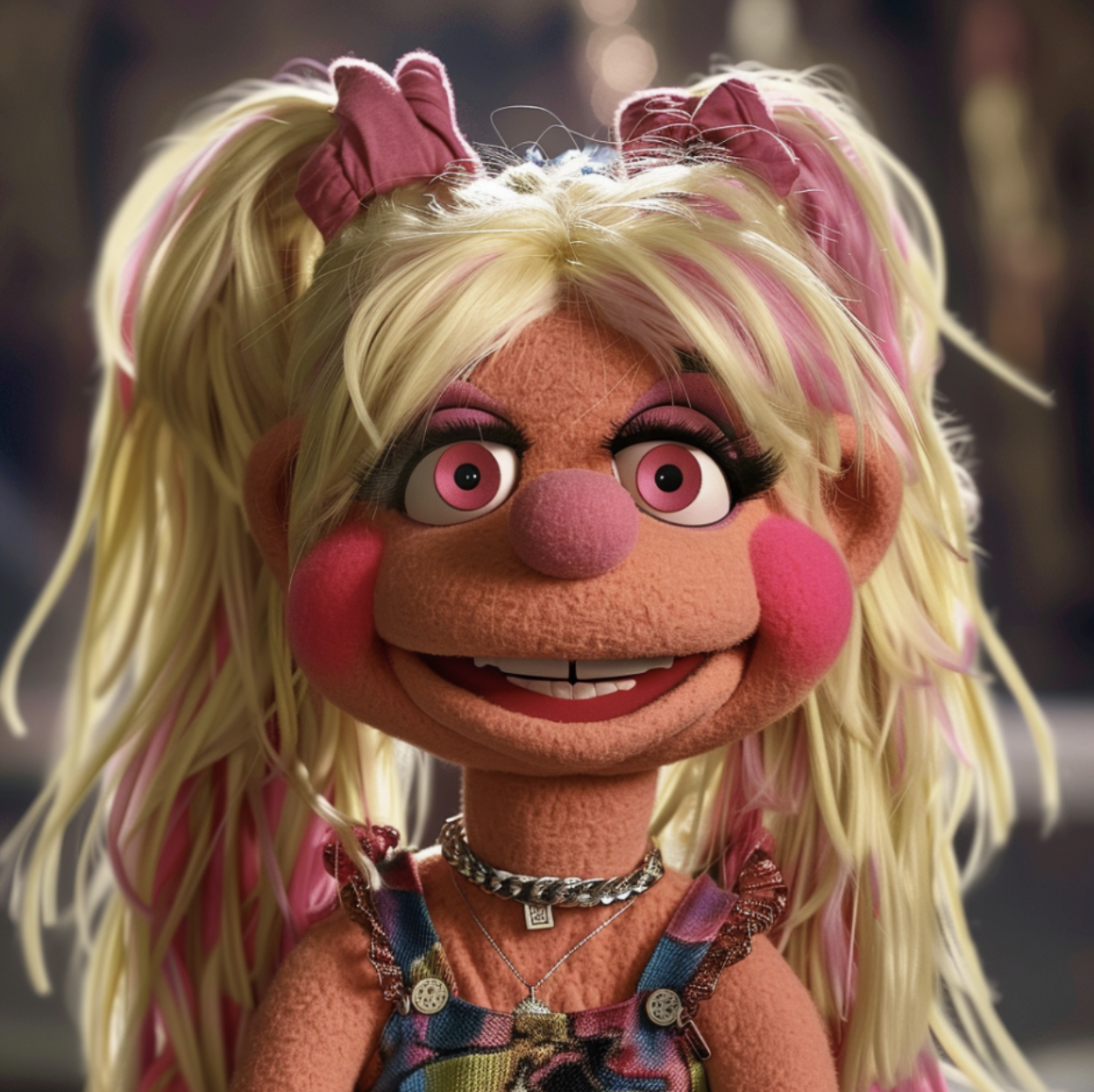 Muppet with blonde hair in loose pigtails, pink highlights, wearing a patterned dress