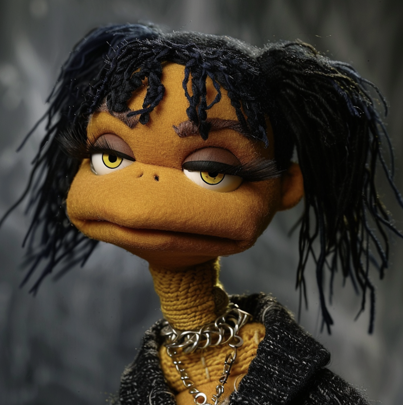 Puppet with textured black hair, heavy-lidded eyes, chain necklace, and textured jacket