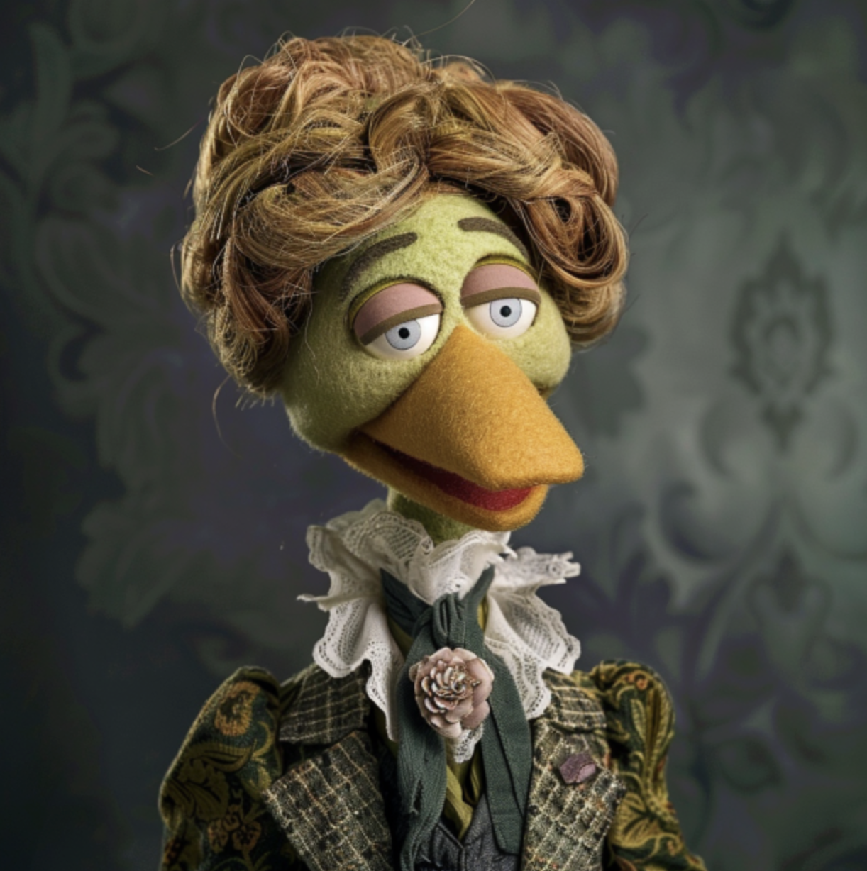 Muppet dressed in a period costume with duckbill-type mouth/nose, upswept hair, ruffled collar and ornate details