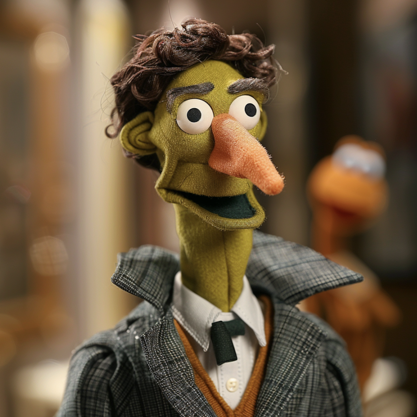 Muppet in a tweed suit and tie, dark hair, and long nose