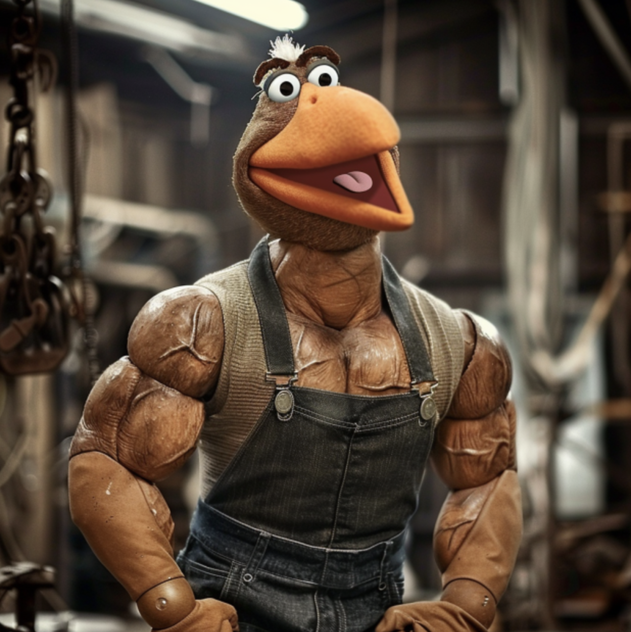 Muppet character with exaggerated muscular arms and torso wearing overalls