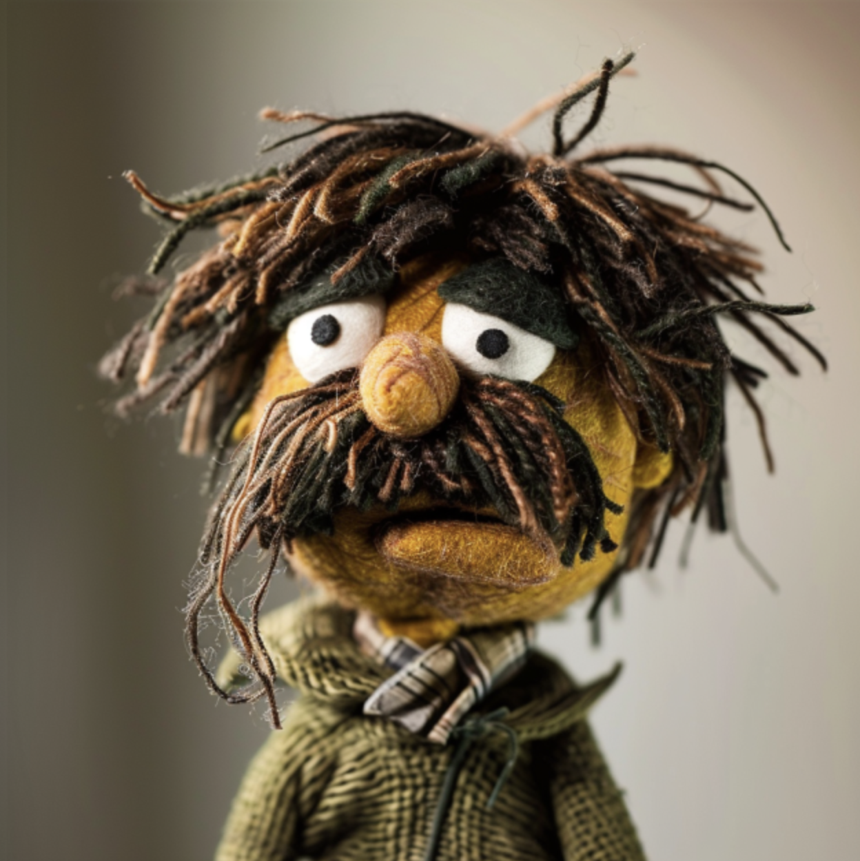 Muppet with shaggy hair, mustache, striped tie, and green sweater