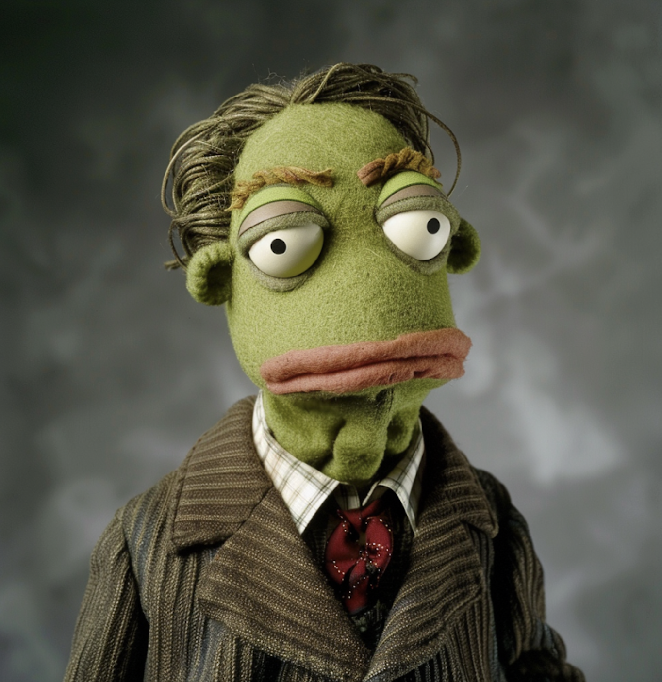 Muppet in a patterned suit and tie with wide lips, green skin, and large eyes far apart