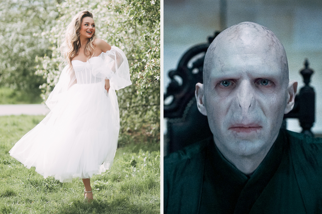 Woman in a flowing white dress in a grassy field; Lord Voldemort from Harry Potter with bald head and dark robe